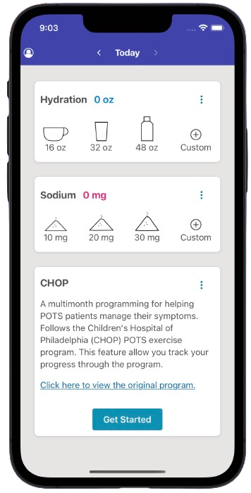 The home screen of the mobile app POTSie, which contains hydration, salt, and CHOP exercise trackers.