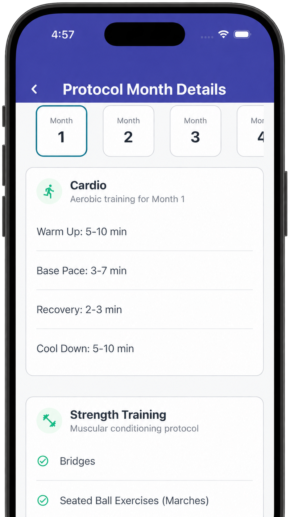 POTSie CHOP Exercise Protocol showing monthly cardio targets and strength exercises
