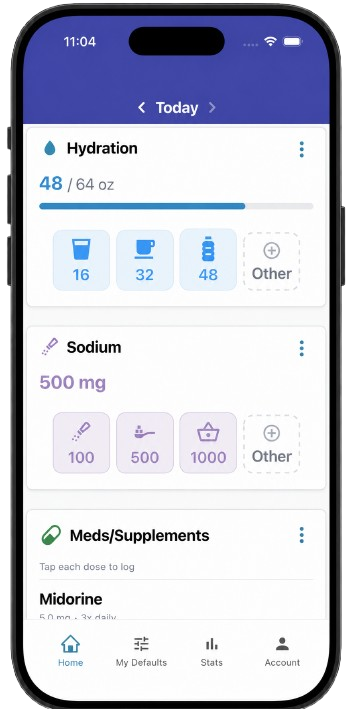 POTSie app home screen showing hydration, sodium, symptoms, medications, and exercise for the day.