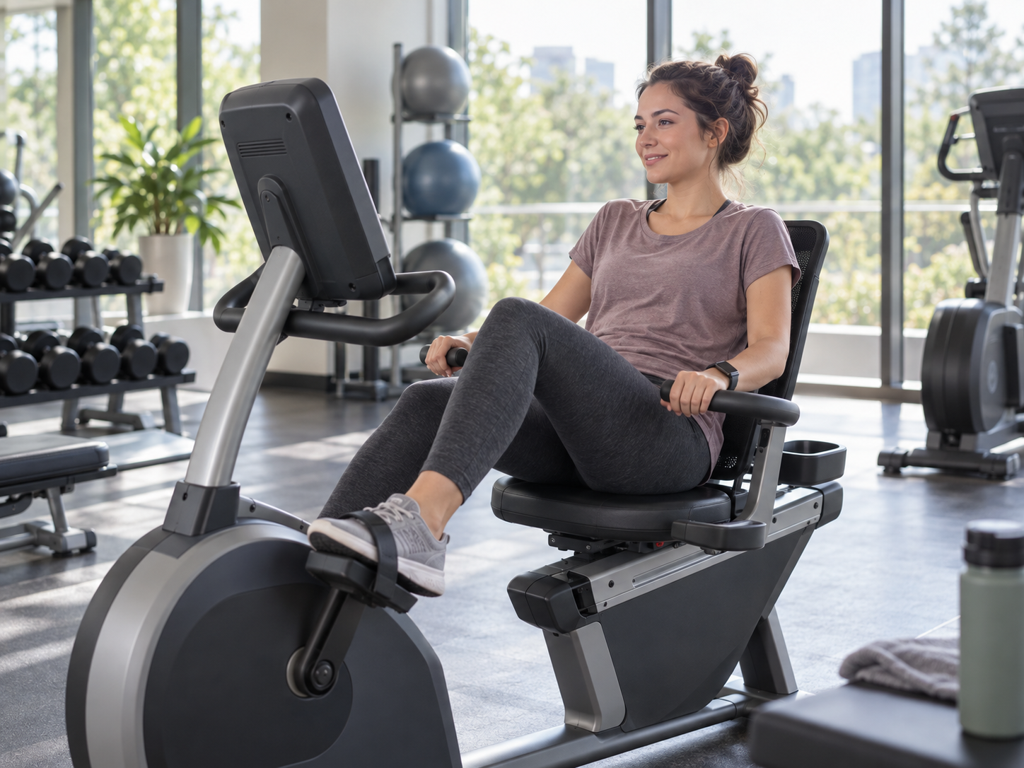 A woman with POTS following the CHOP Protocol on an upright bike at the gym.